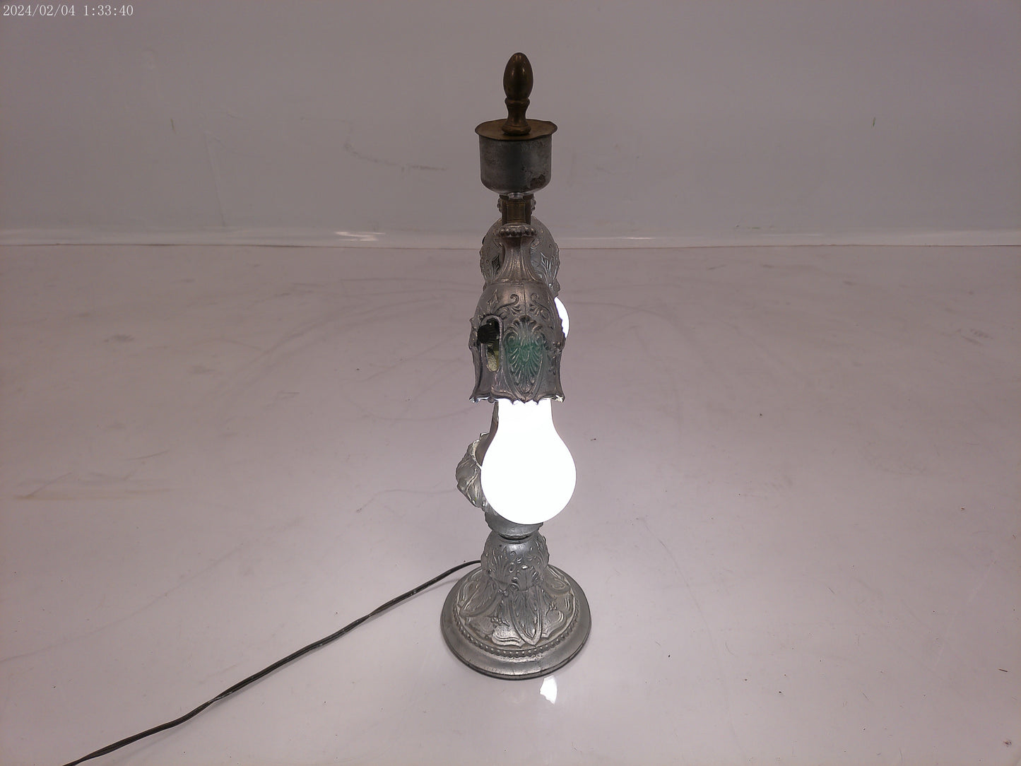 Pewter Colored Patina, Unusual Panels, Intricate Detail Lamp
