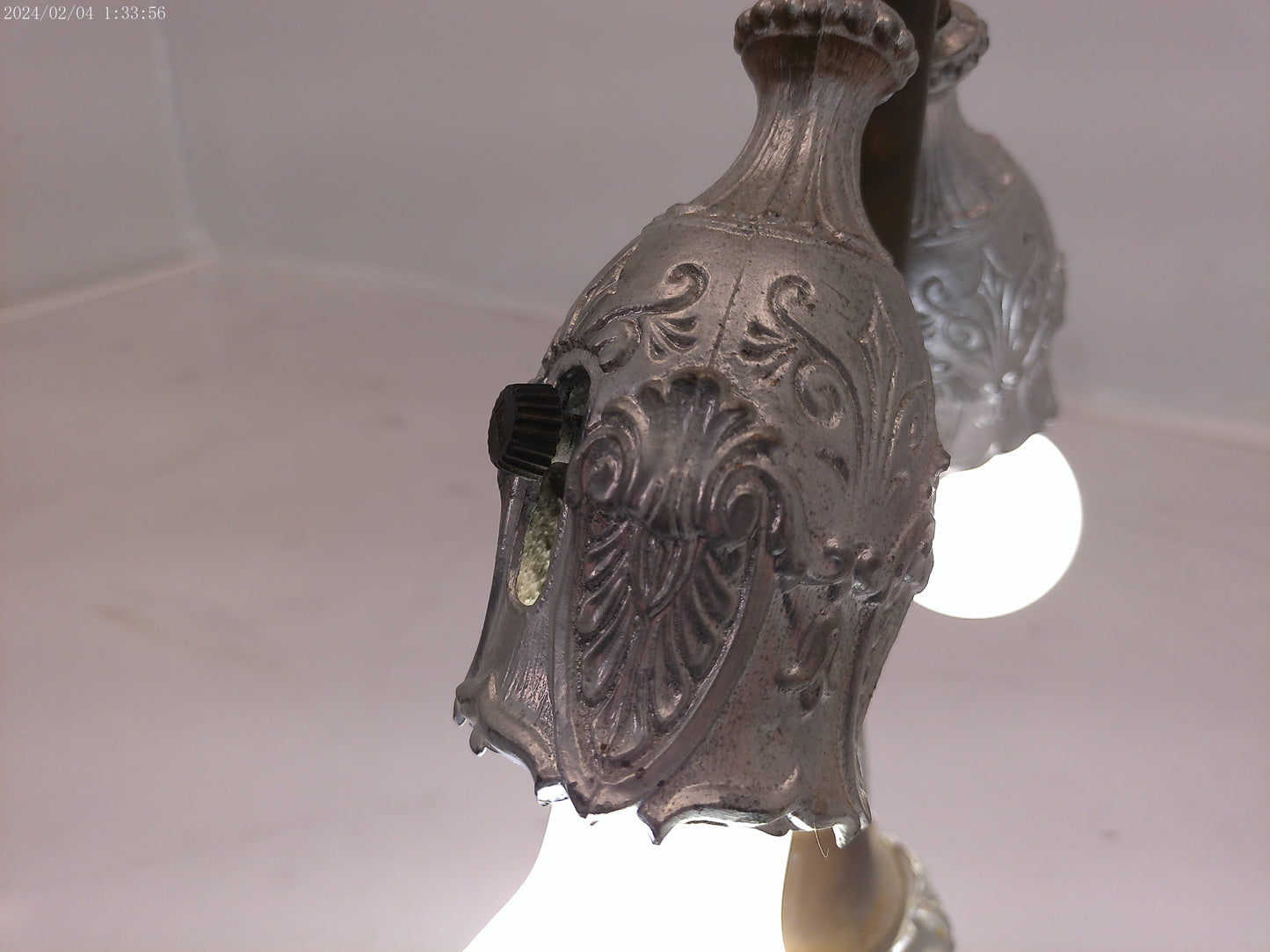 Pewter Colored Patina, Unusual Panels, Intricate Detail Lamp