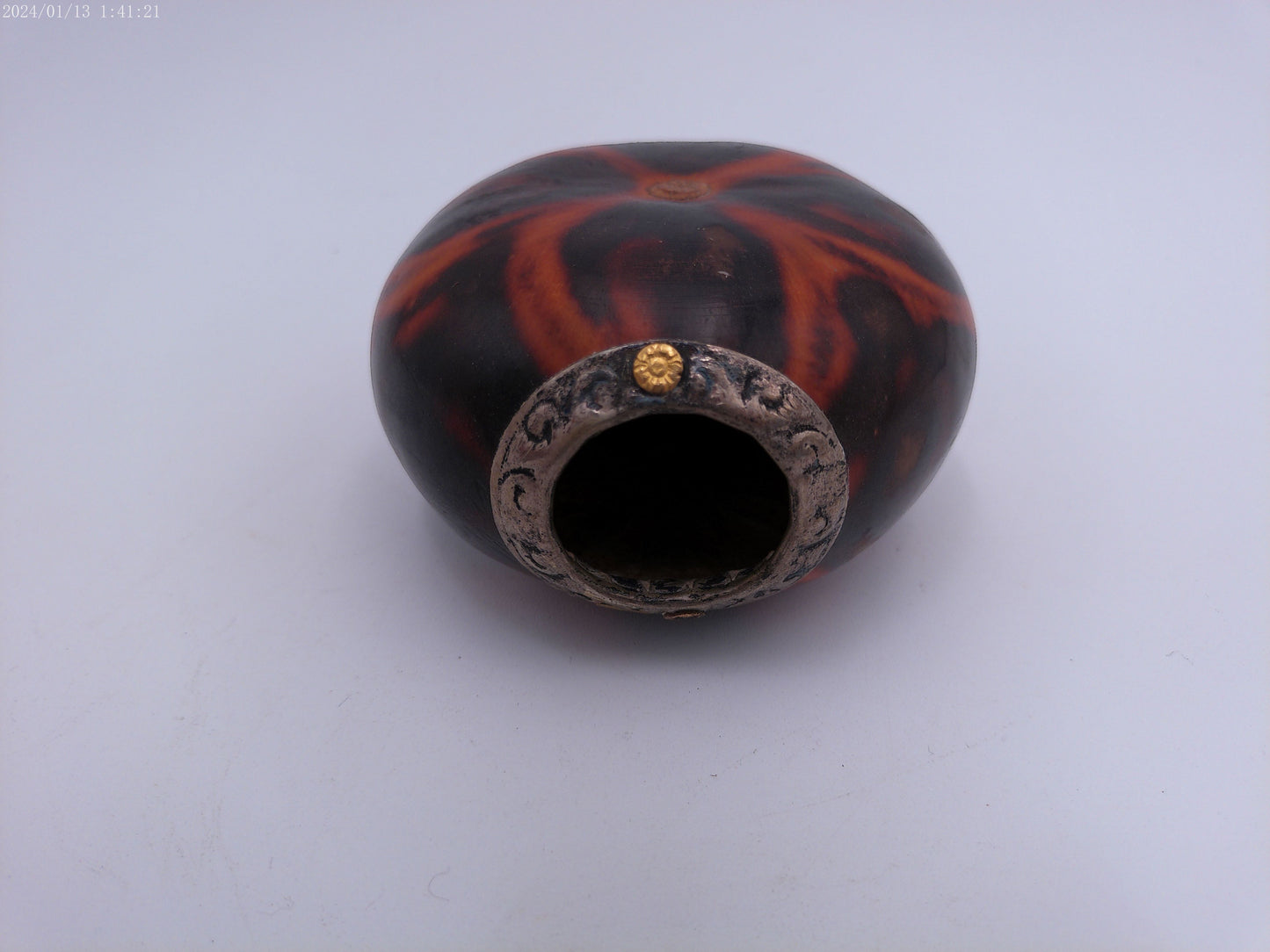 African Hand Craved Gourd with Metal Rim