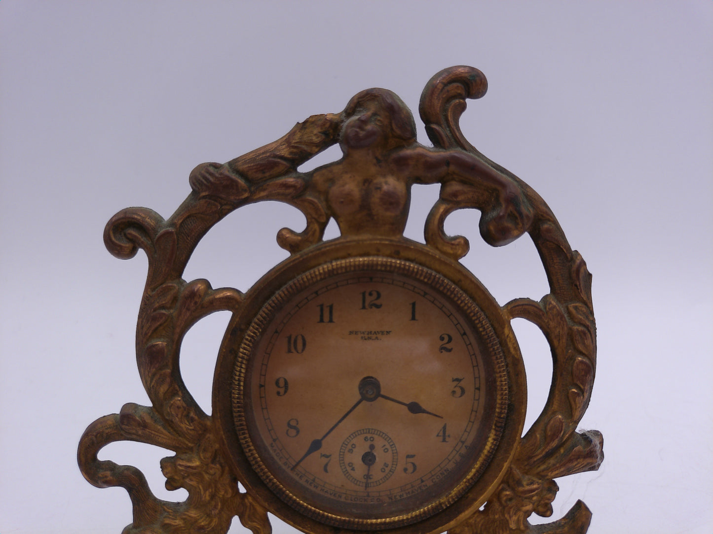 New Haven Clock Co Desk or Mandel Clock Bronze Cast Iron Nouveau Design Vintage