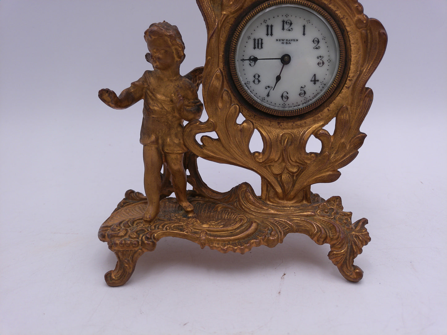New Haven Clock Co. Gilded Cast Metal gold painted Clock CHERUBS Antique
