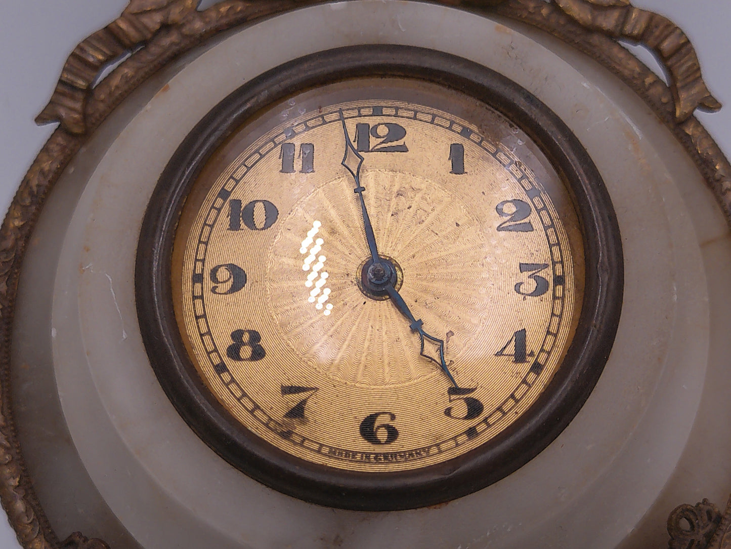 Wall Clock Small Vintage in Marble setting with Cast Metal Gold Ornate Design