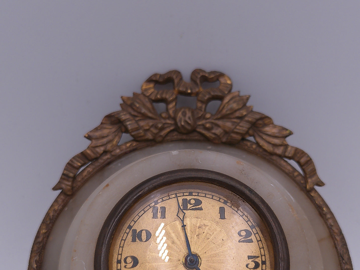 Wall Clock Small Vintage in Marble setting with Cast Metal Gold Ornate Design