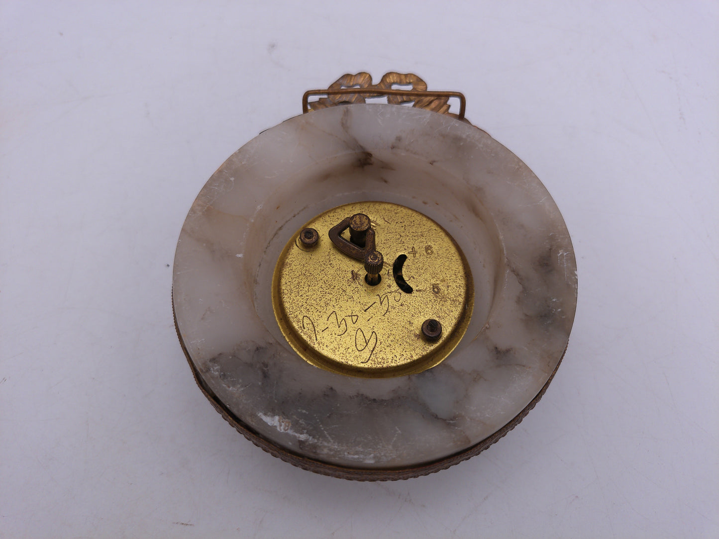 Wall Clock Small Vintage in Marble setting with Cast Metal Gold Ornate Design