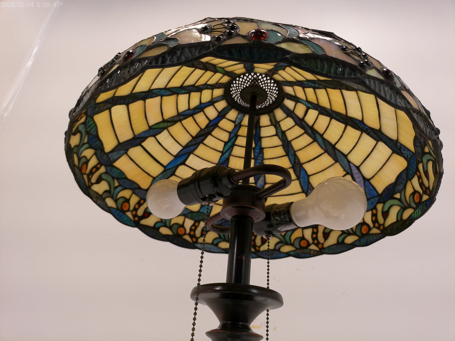 tiffany style stained glass bronze wood lamp Vintage