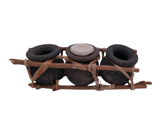 African Triple Clay Pot Set Kenya Storage Bamboo Clay Pots Boho Succulents