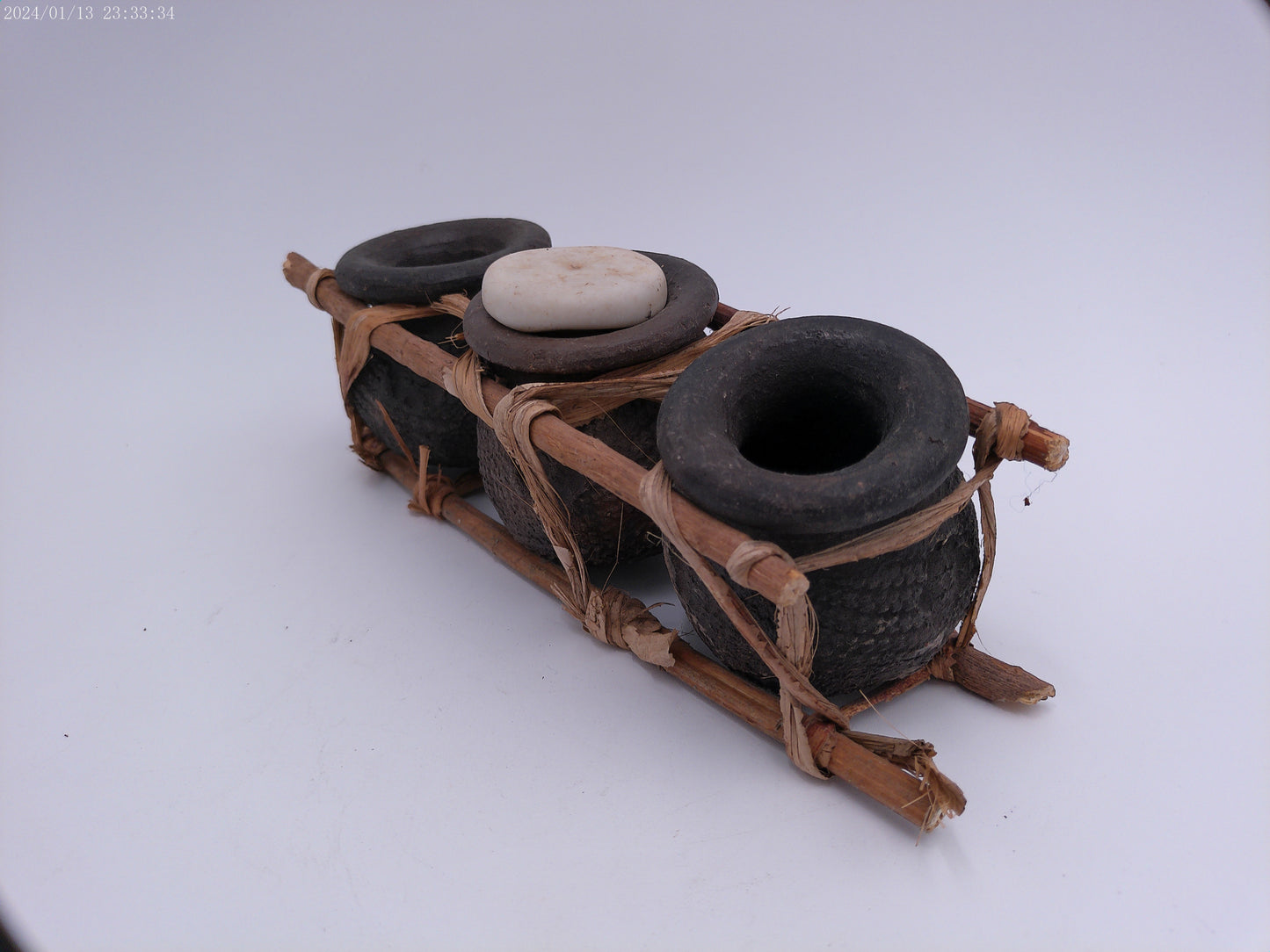 African Triple Clay Pot Set Kenya Storage Bamboo Clay Pots Boho Succulents