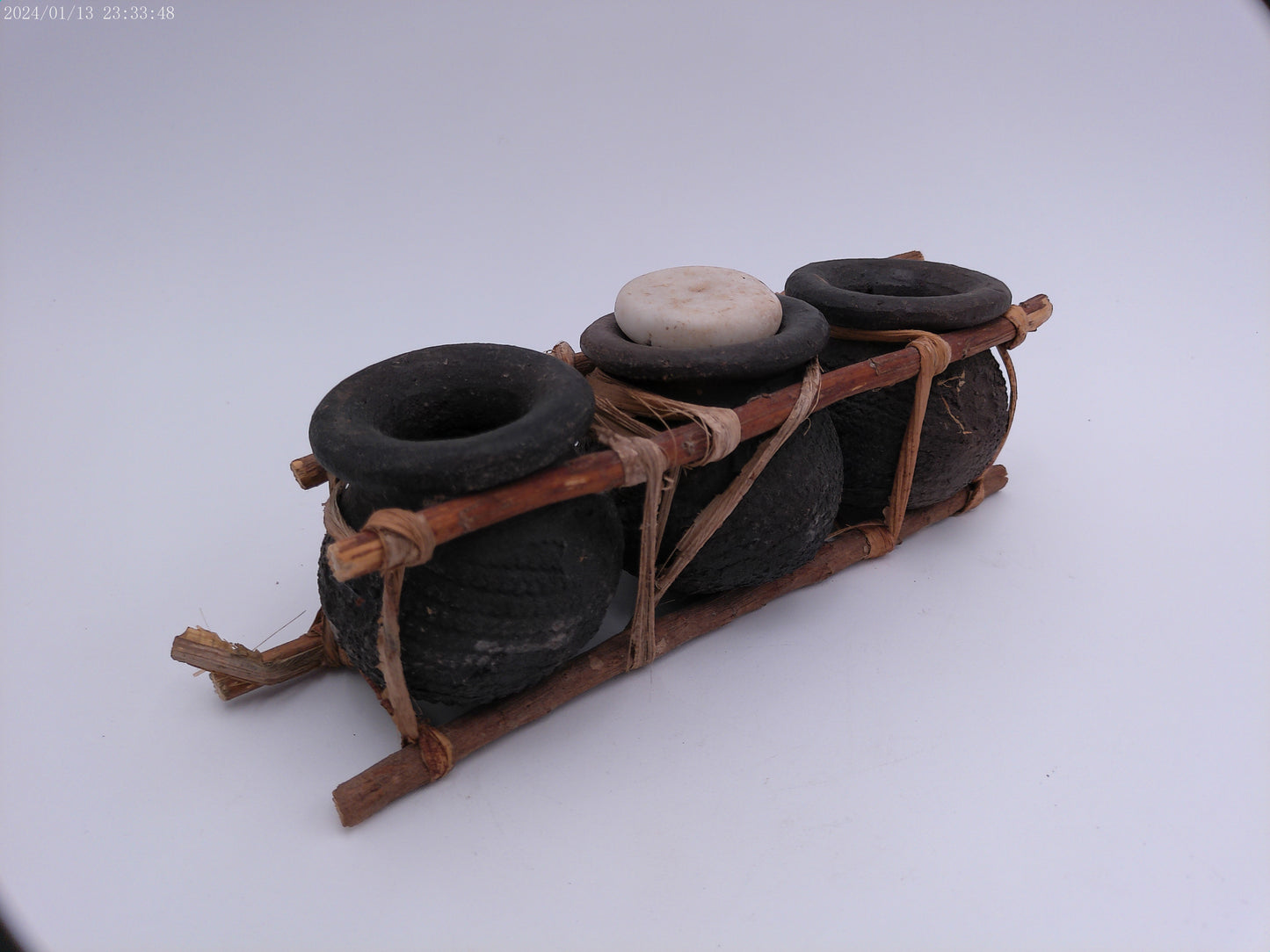 African Triple Clay Pot Set Kenya Storage Bamboo Clay Pots Boho Succulents