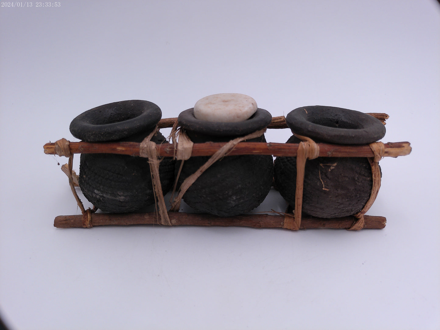 African Triple Clay Pot Set Kenya Storage Bamboo Clay Pots Boho Succulents