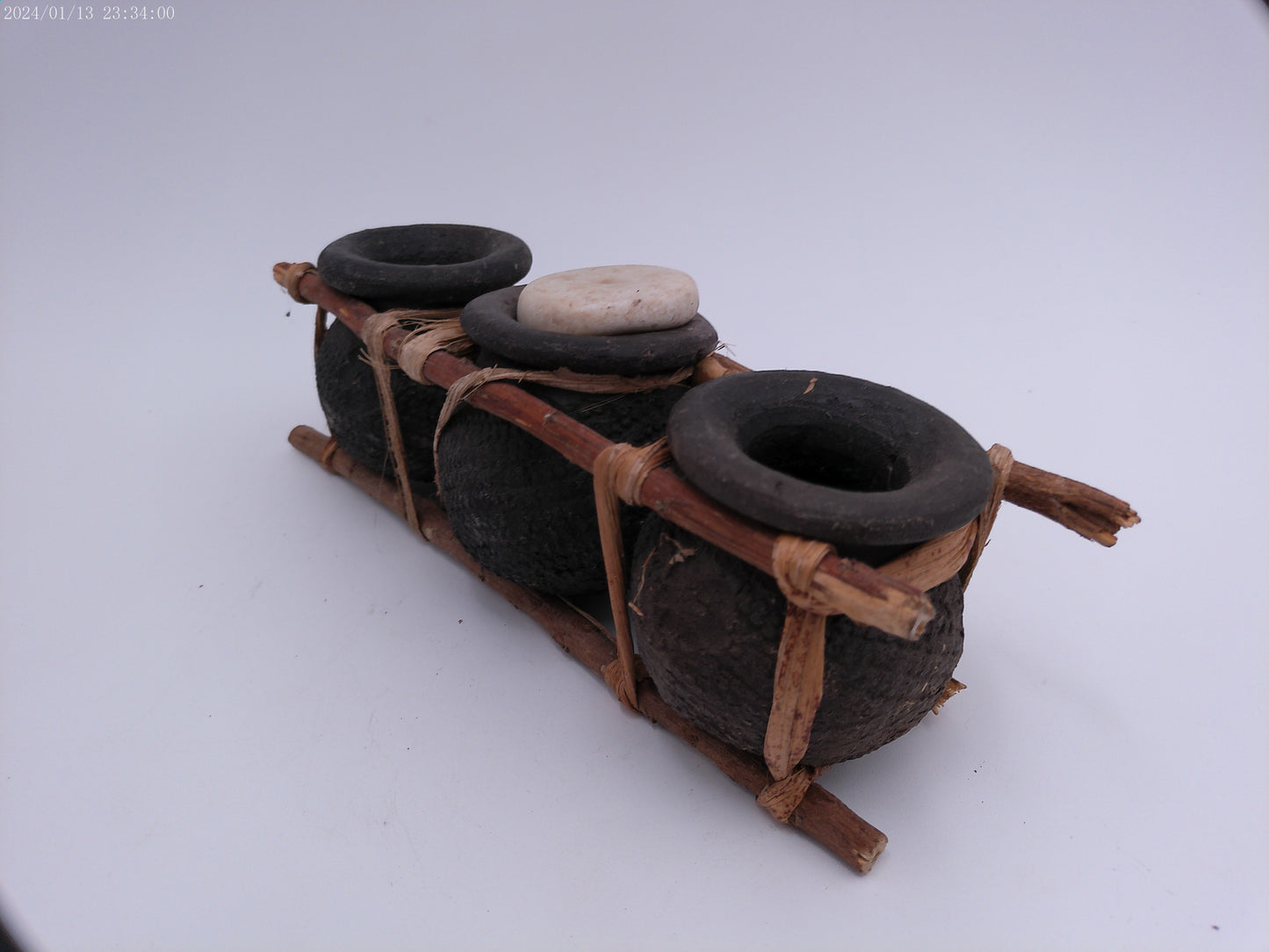 African Triple Clay Pot Set Kenya Storage Bamboo Clay Pots Boho Succulents