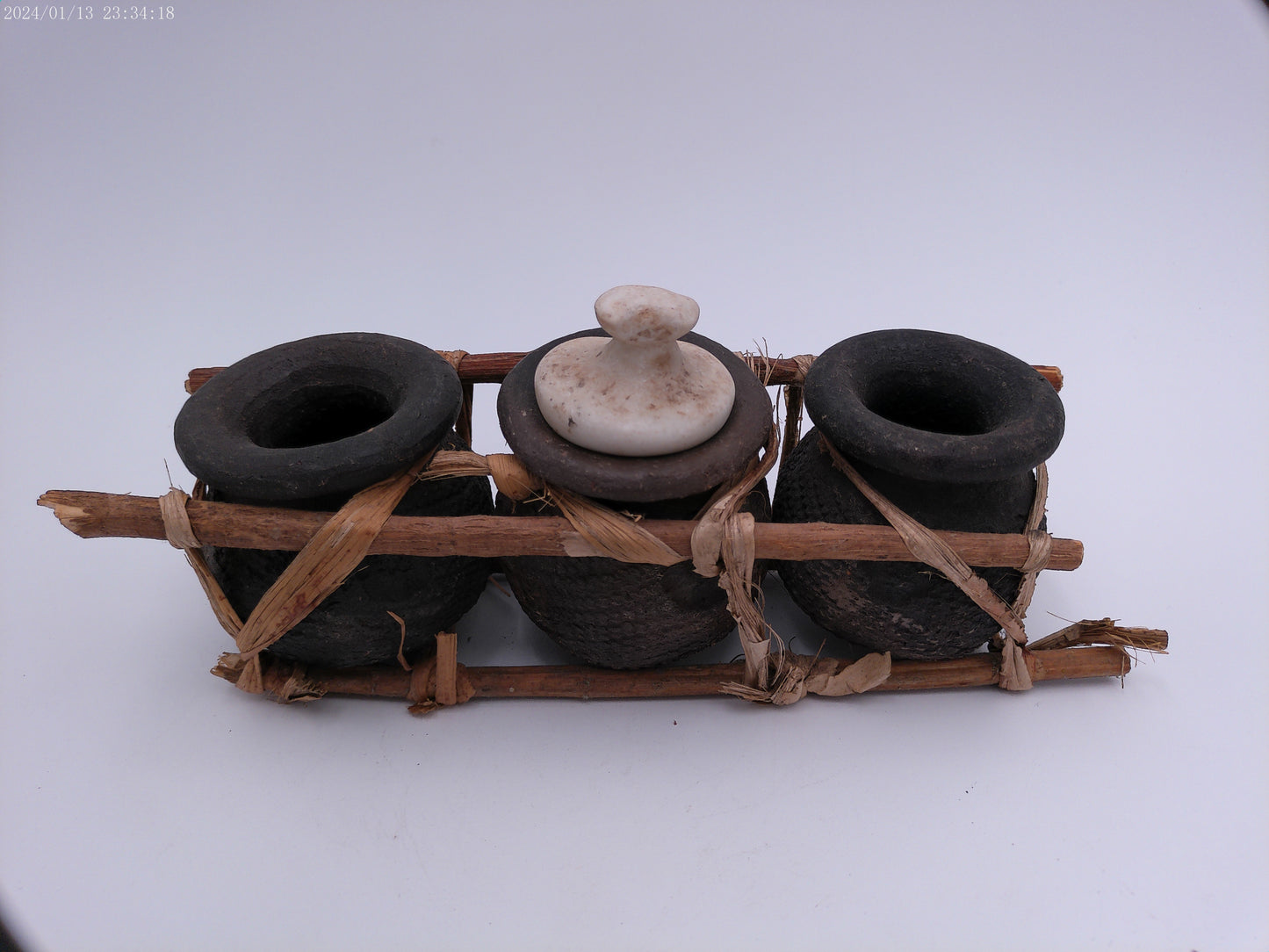 African Triple Clay Pot Set Kenya Storage Bamboo Clay Pots Boho Succulents