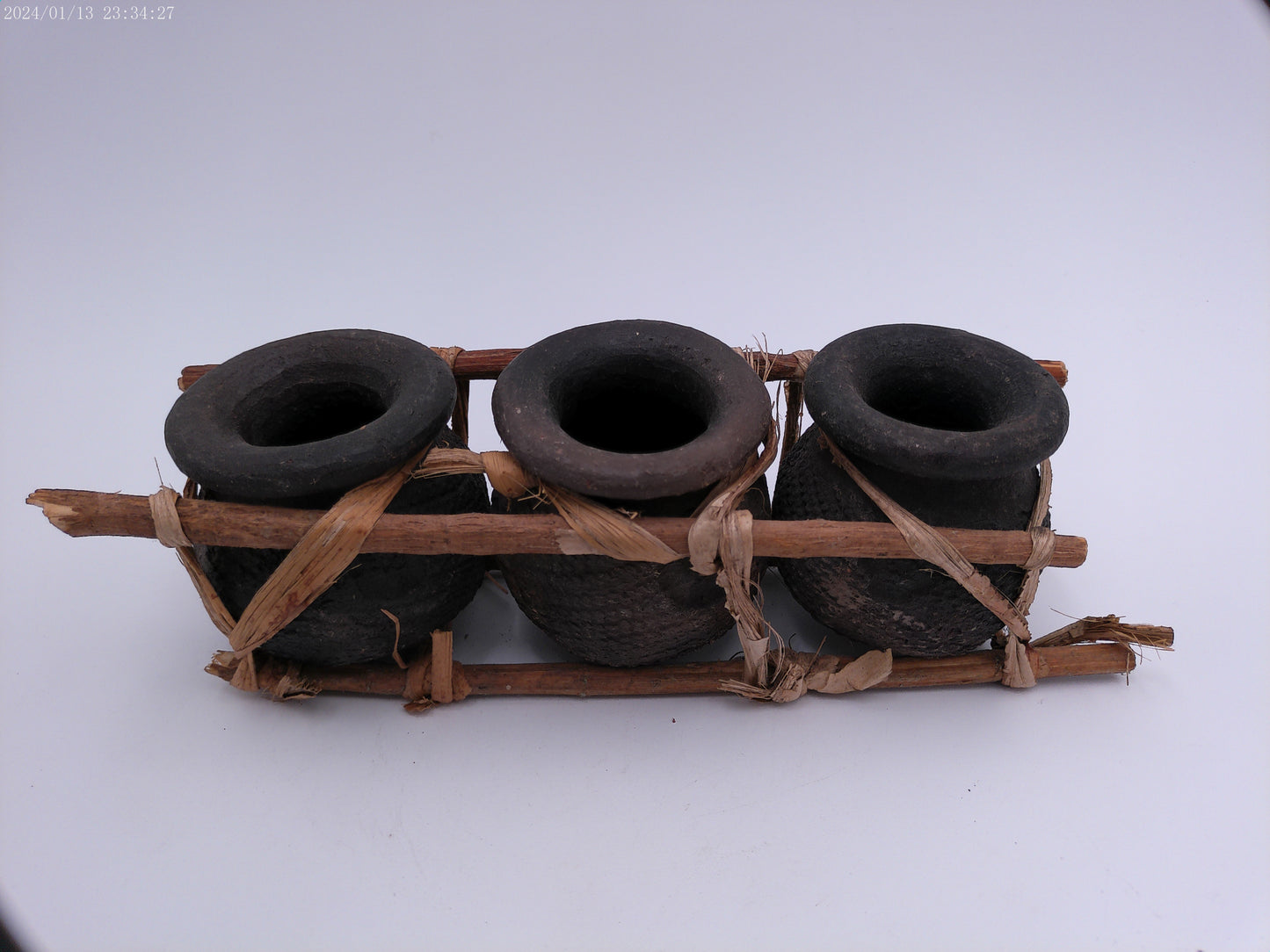 African Triple Clay Pot Set Kenya Storage Bamboo Clay Pots Boho Succulents