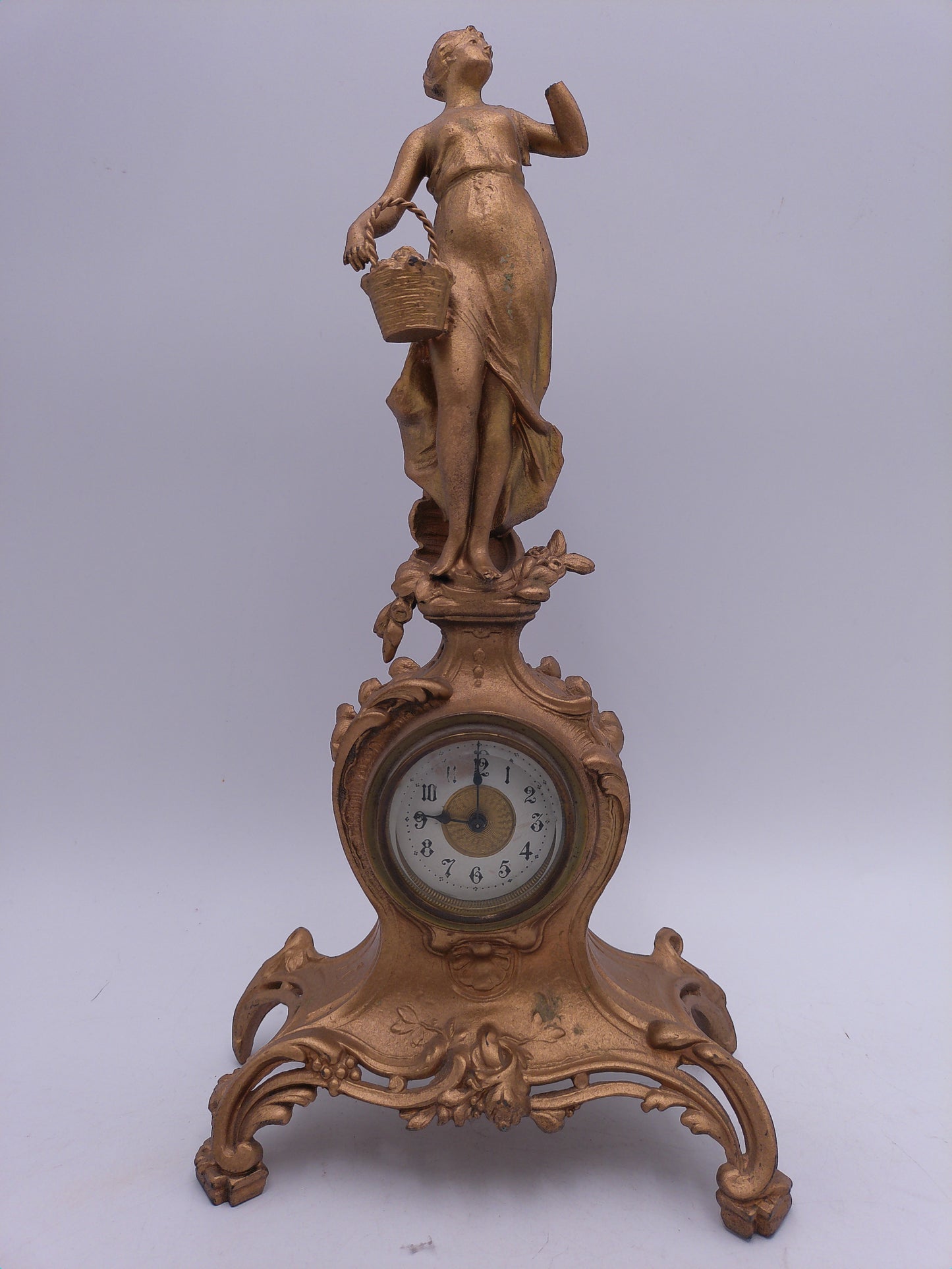 Benedict Cherub Metal Mantle Clock Cast Iron gold painted Vintage
