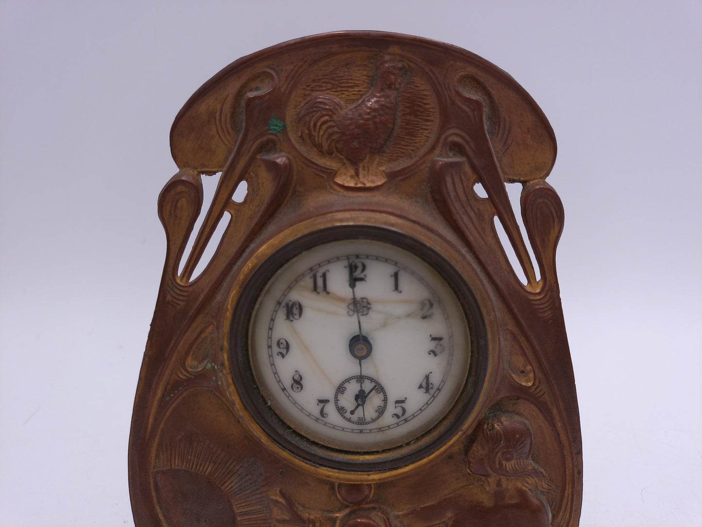 Jennings Brothers Co. Gilt Metal Clock with Rooster and Lady Vintage