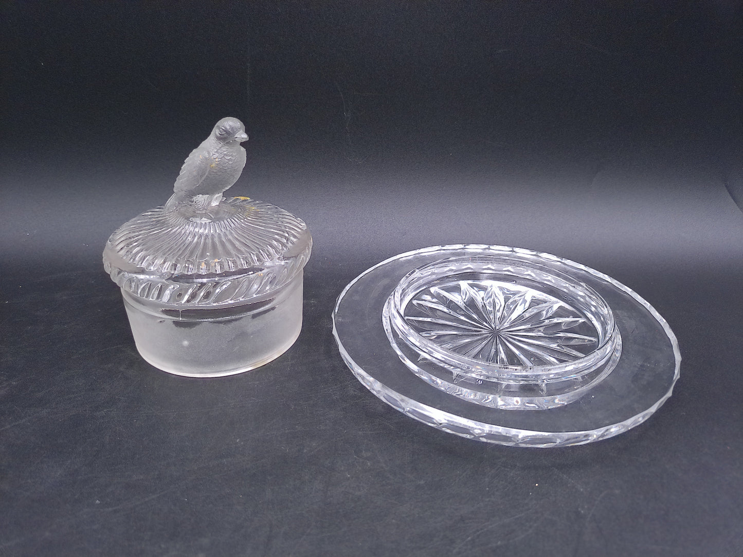 Glass Bottle Top With Bird and Glass plate Misc Items
