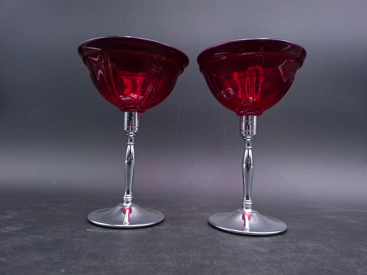 Glass Pair Cordial glasses Red Glass Chrome Stemmed Vintage
