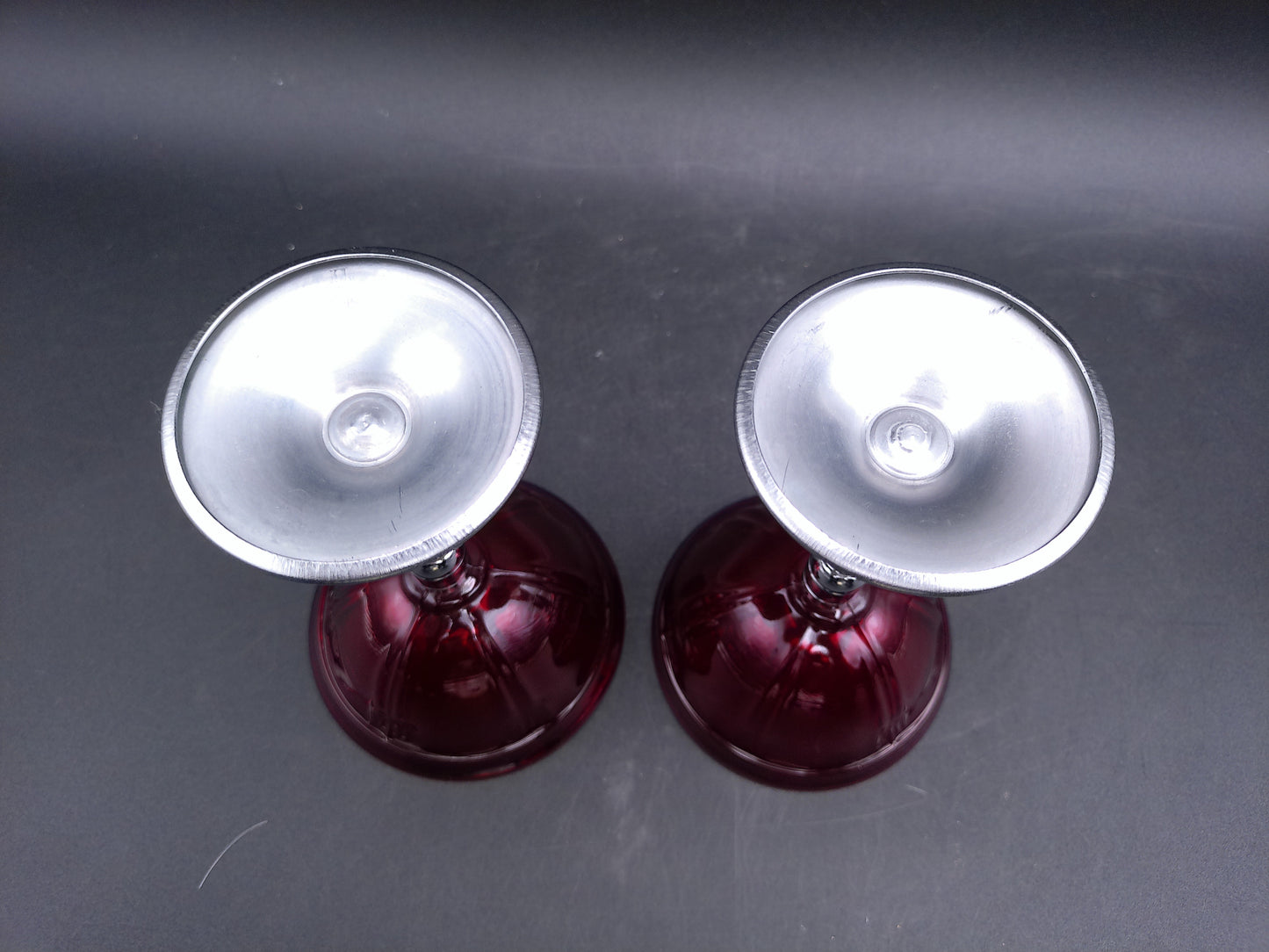 Glass Pair Cordial glasses Red Glass Chrome Stemmed Vintage
