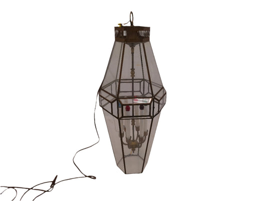 Vintage Beveled Glass Panels Brass Hexagonal Chandelier colored Lights