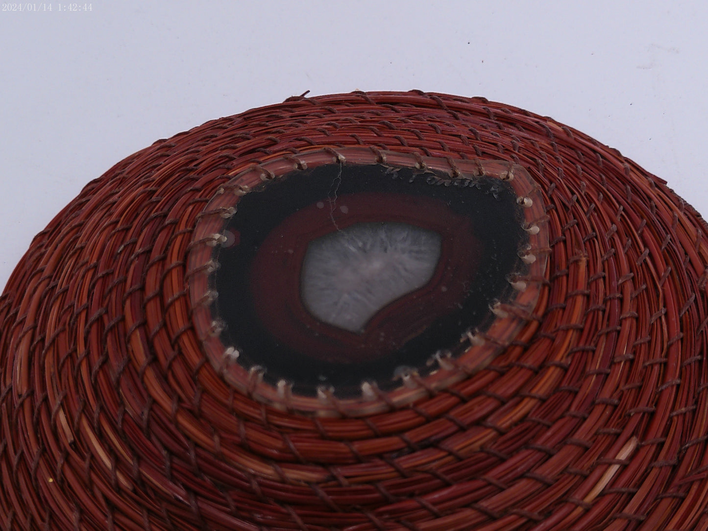 Unique African Pine needle Basket with stone rock in center
