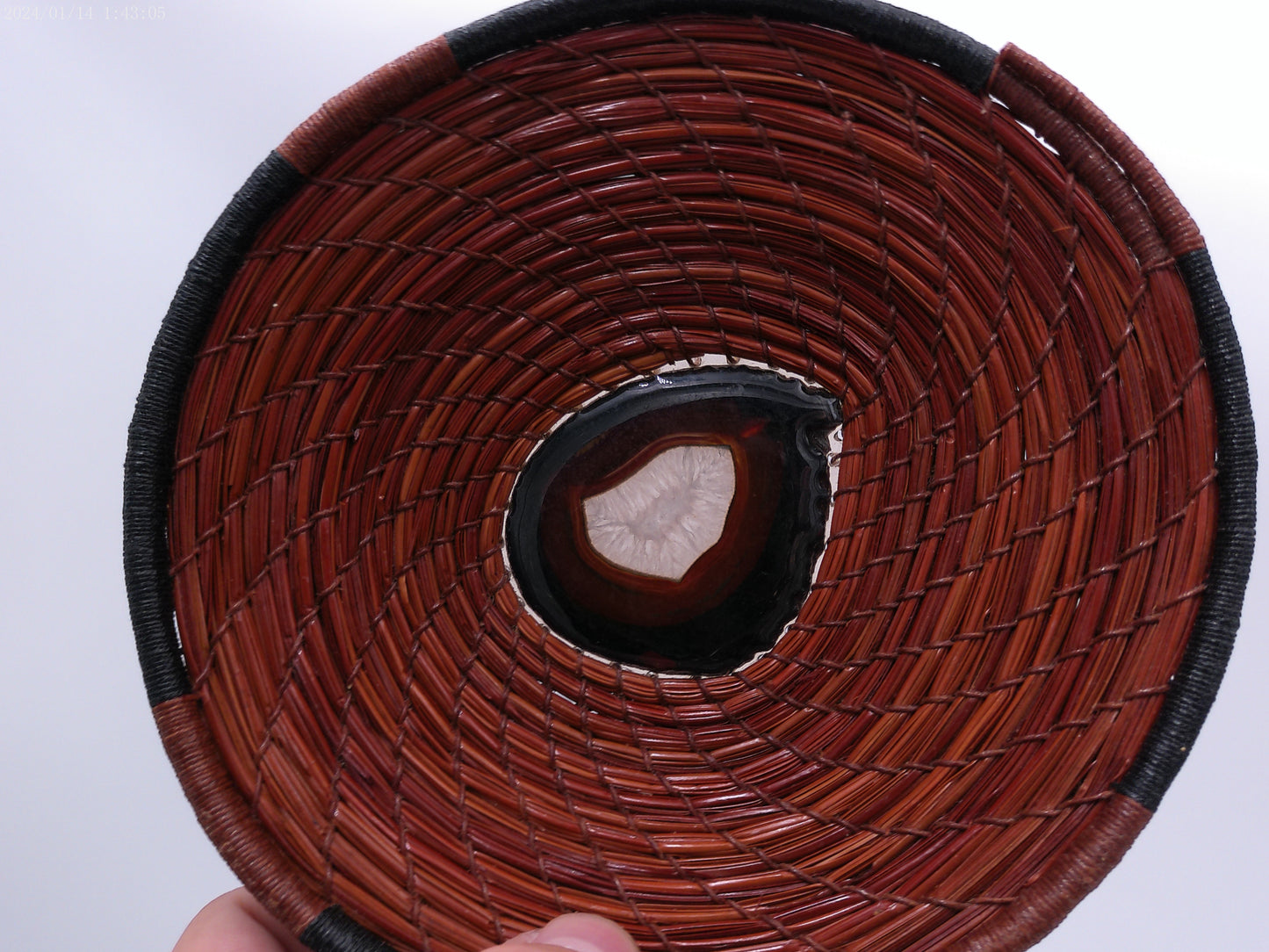 Unique African Pine needle Basket with stone rock in center