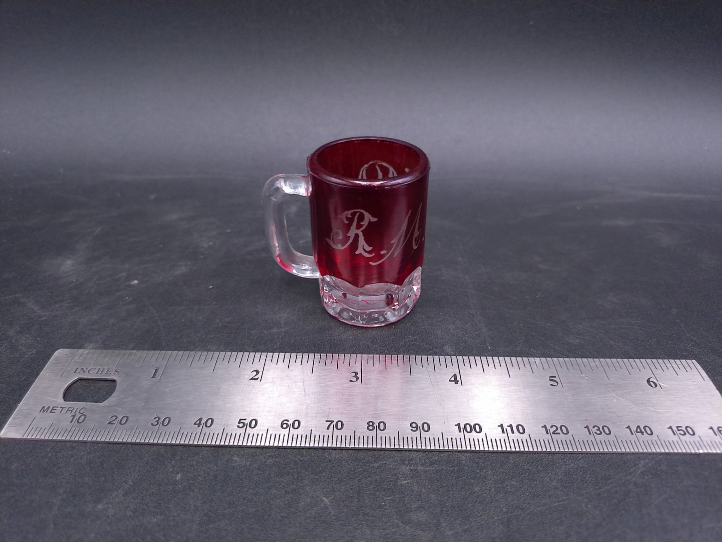 Ruby Red Etched Initials R.M.K.D. Small Shot Glass Vintage