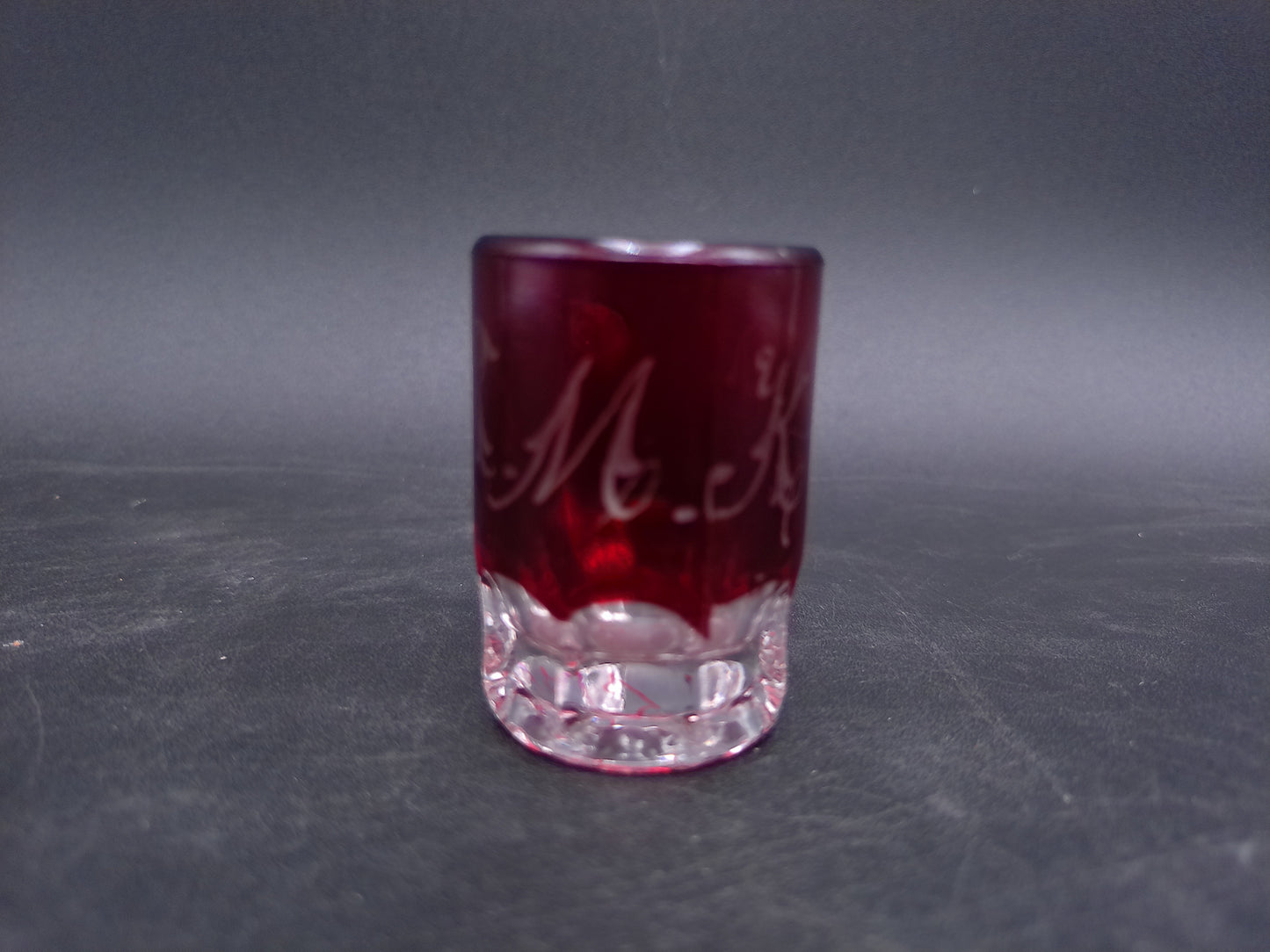 Ruby Red Etched Initials R.M.K.D. Small Shot Glass Vintage