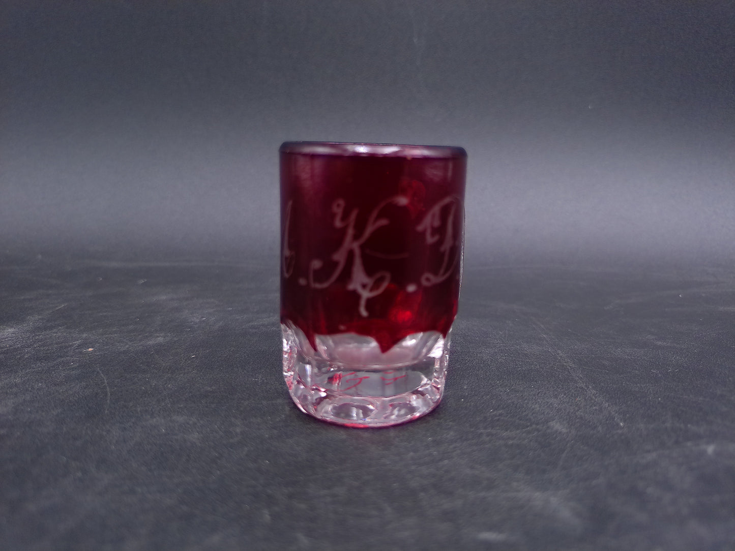 Ruby Red Etched Initials R.M.K.D. Small Shot Glass Vintage