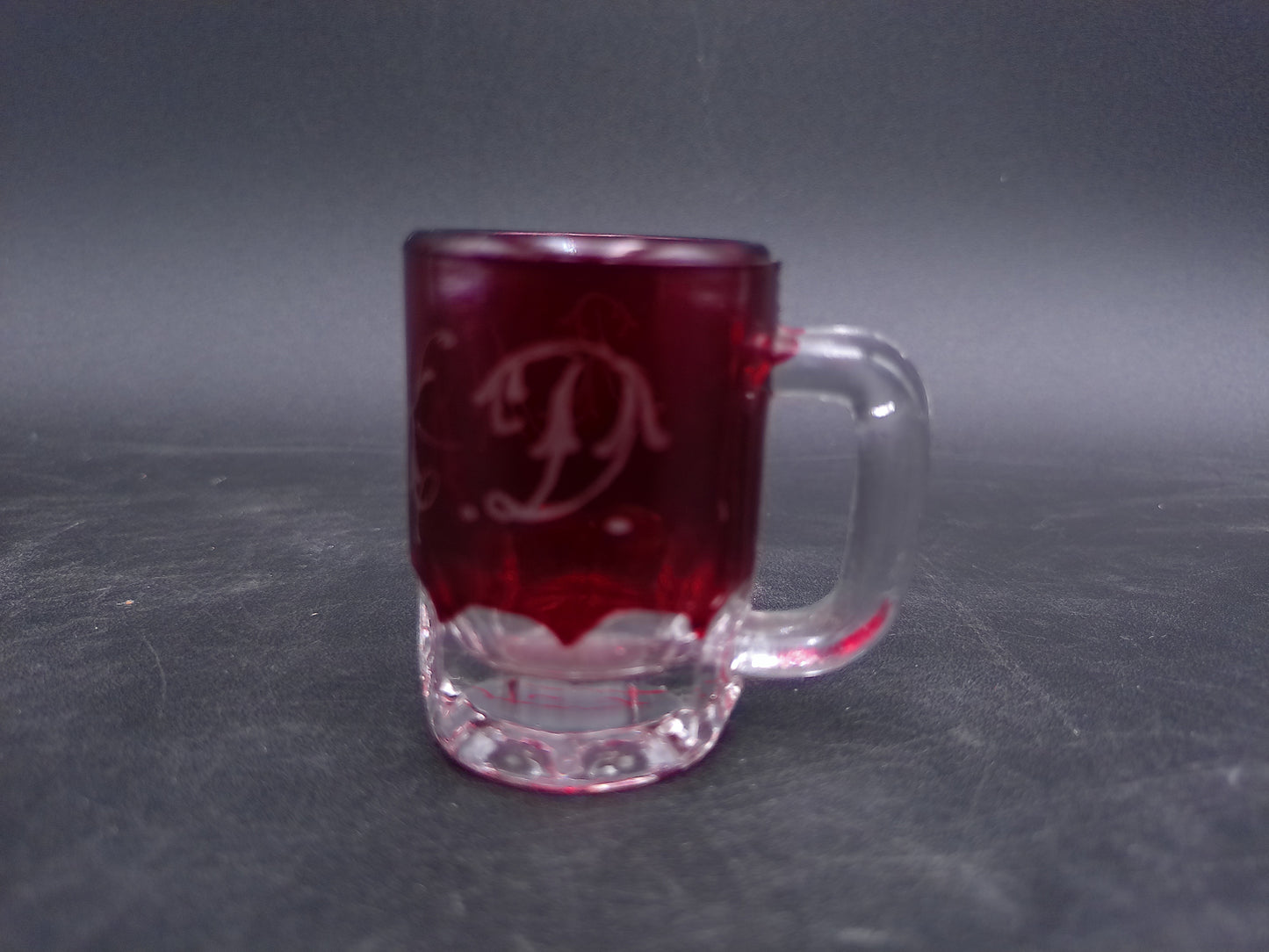 Ruby Red Etched Initials R.M.K.D. Small Shot Glass Vintage