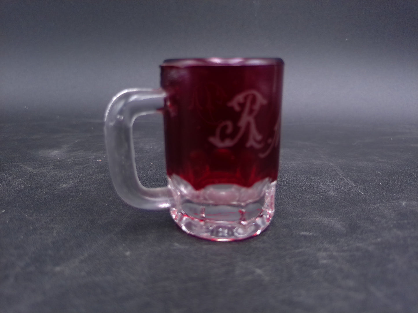 Ruby Red Etched Initials R.M.K.D. Small Shot Glass Vintage