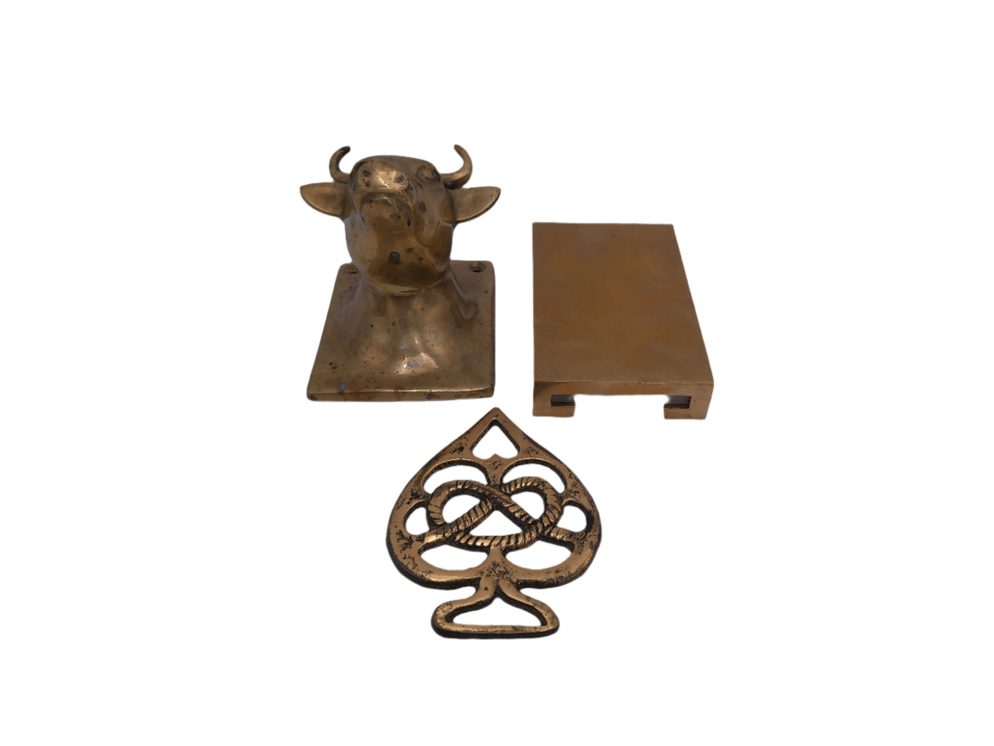 lot of 3 Brass Objects  Country Kitchen Solid Brass Spade Bull and mini stand