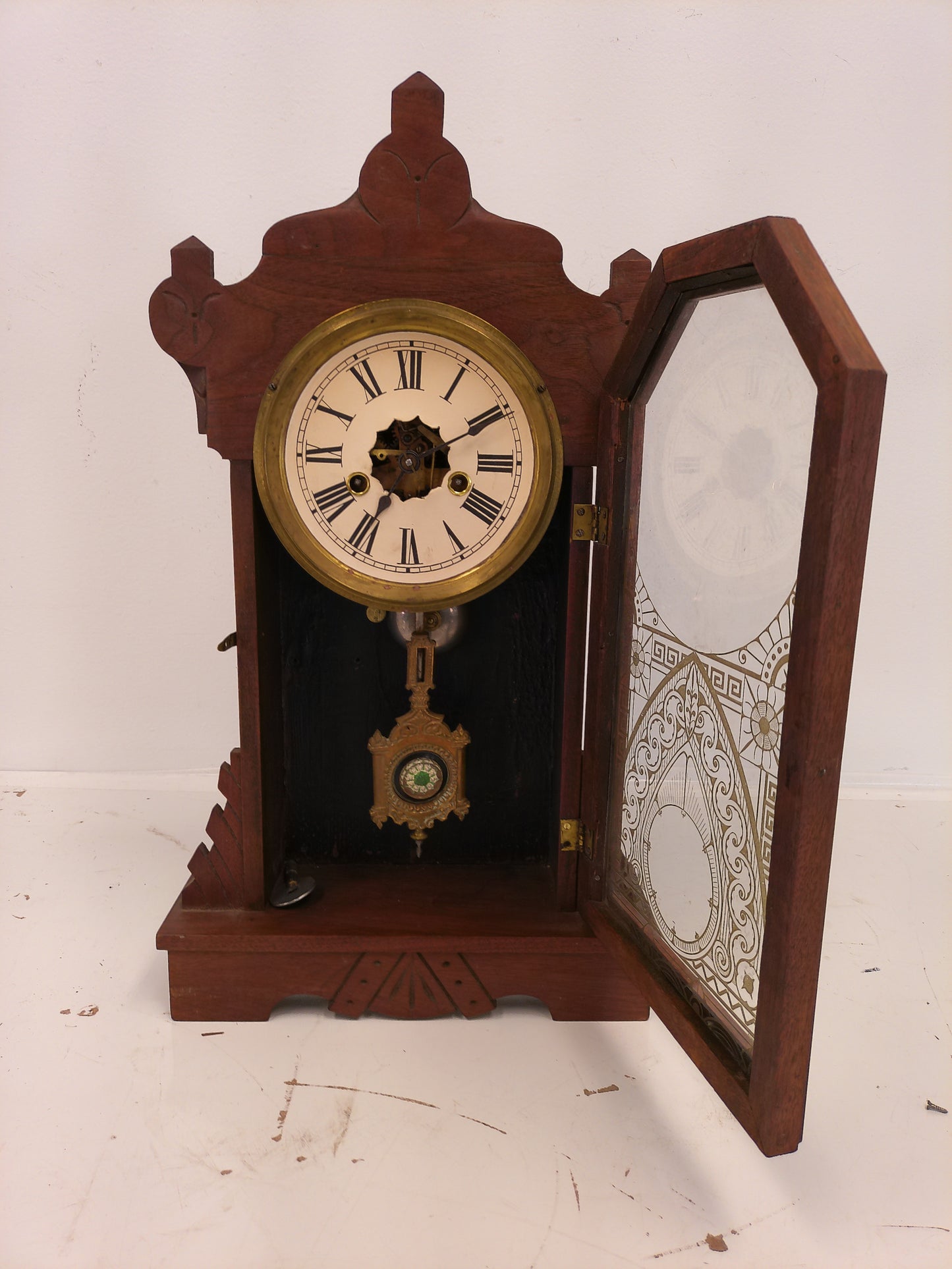 Ansonia Walnut Kitchen Clock with key and pendulum Working Vintage