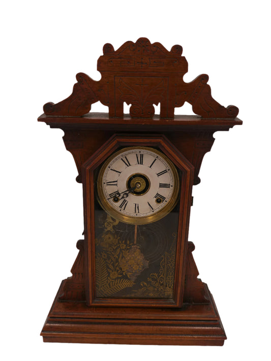 E N Welch 1900's Wood Mantle Clock Comes With Brass Key Works