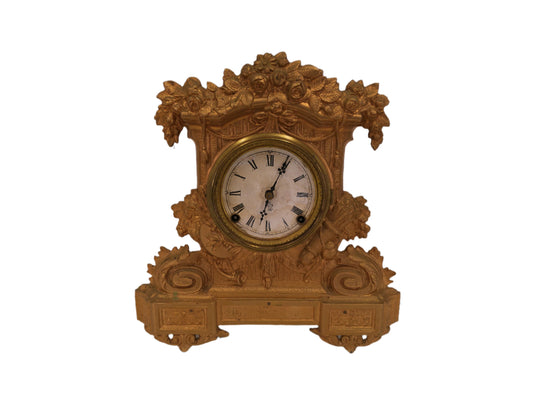 Ornate antique Gold painted Metal Clock With Wood Backing