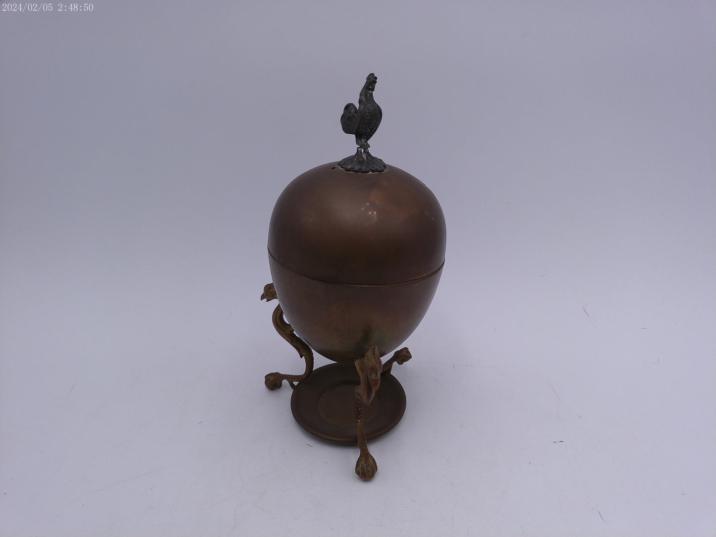 Antique Brass Egg Coddler Warmer Rooster Finial Germany W/Makers Mark 10.5" Tall
