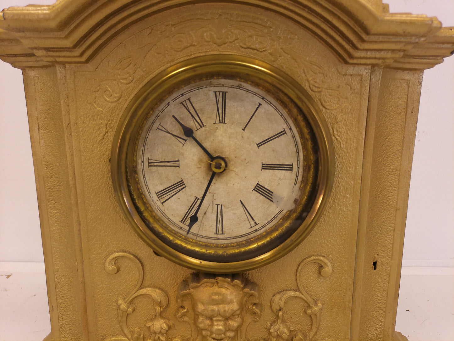 Ornate Mantel Clock Antique Gold Painted Brass