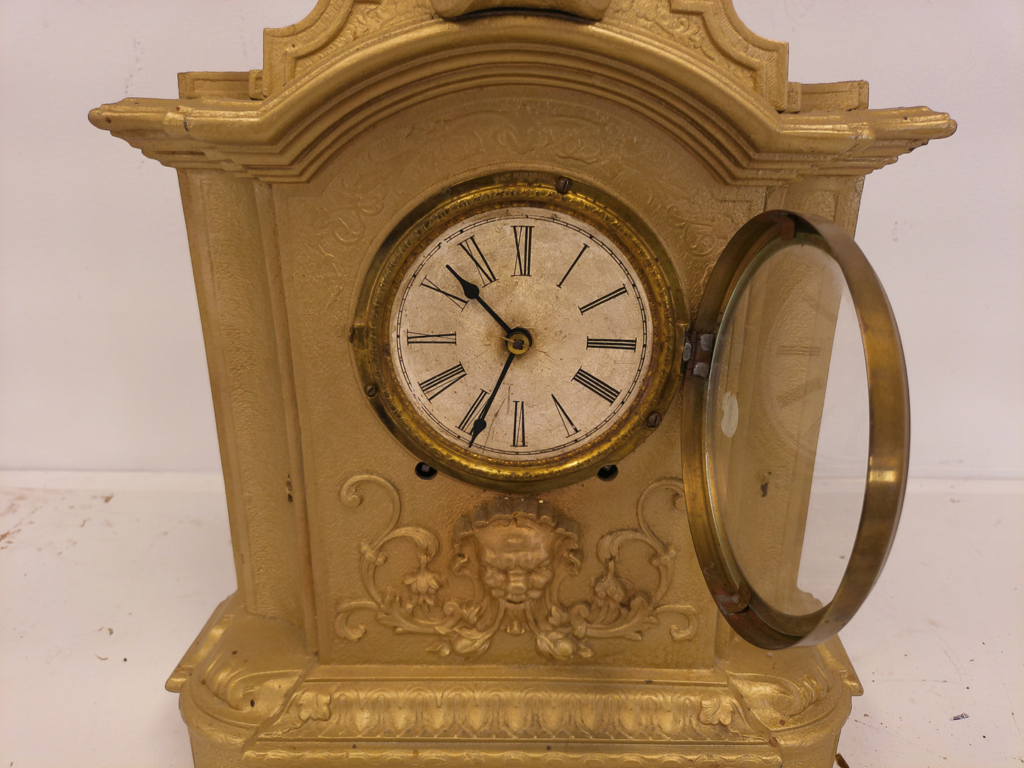 Ornate Mantel Clock Antique Gold Painted Brass