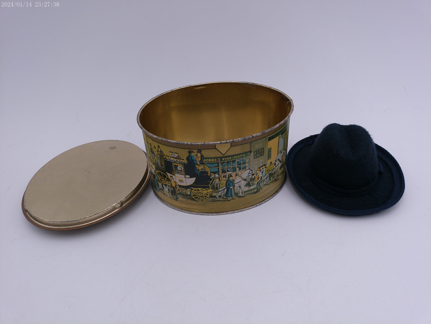 Vintage Victorian Tin Dobbs Fifth Avenue Hats Storage Powder Tin with Hat