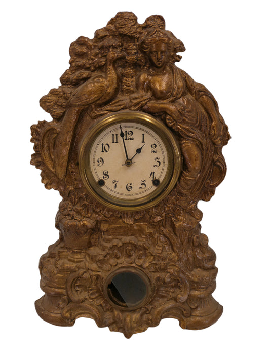 Nicholas Muller & Sons Lady Peacock  gold Cast Iron Mantel Clock #2