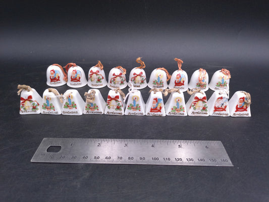 Tiny Merry Christmas Ornaments Bells with Rope for hanging on Tree Vintage