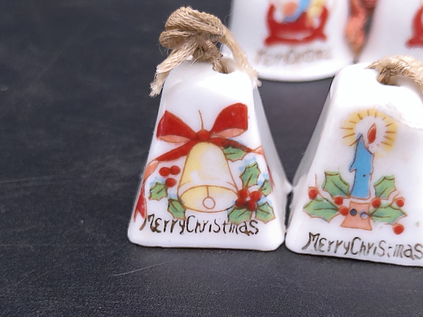 Tiny Merry Christmas Ornaments Bells with Rope for hanging on Tree Vintage