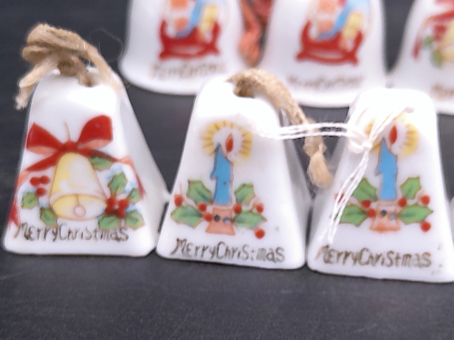 Tiny Merry Christmas Ornaments Bells with Rope for hanging on Tree Vintage