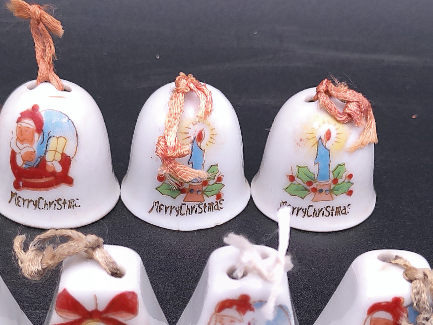 Tiny Merry Christmas Ornaments Bells with Rope for hanging on Tree Vintage