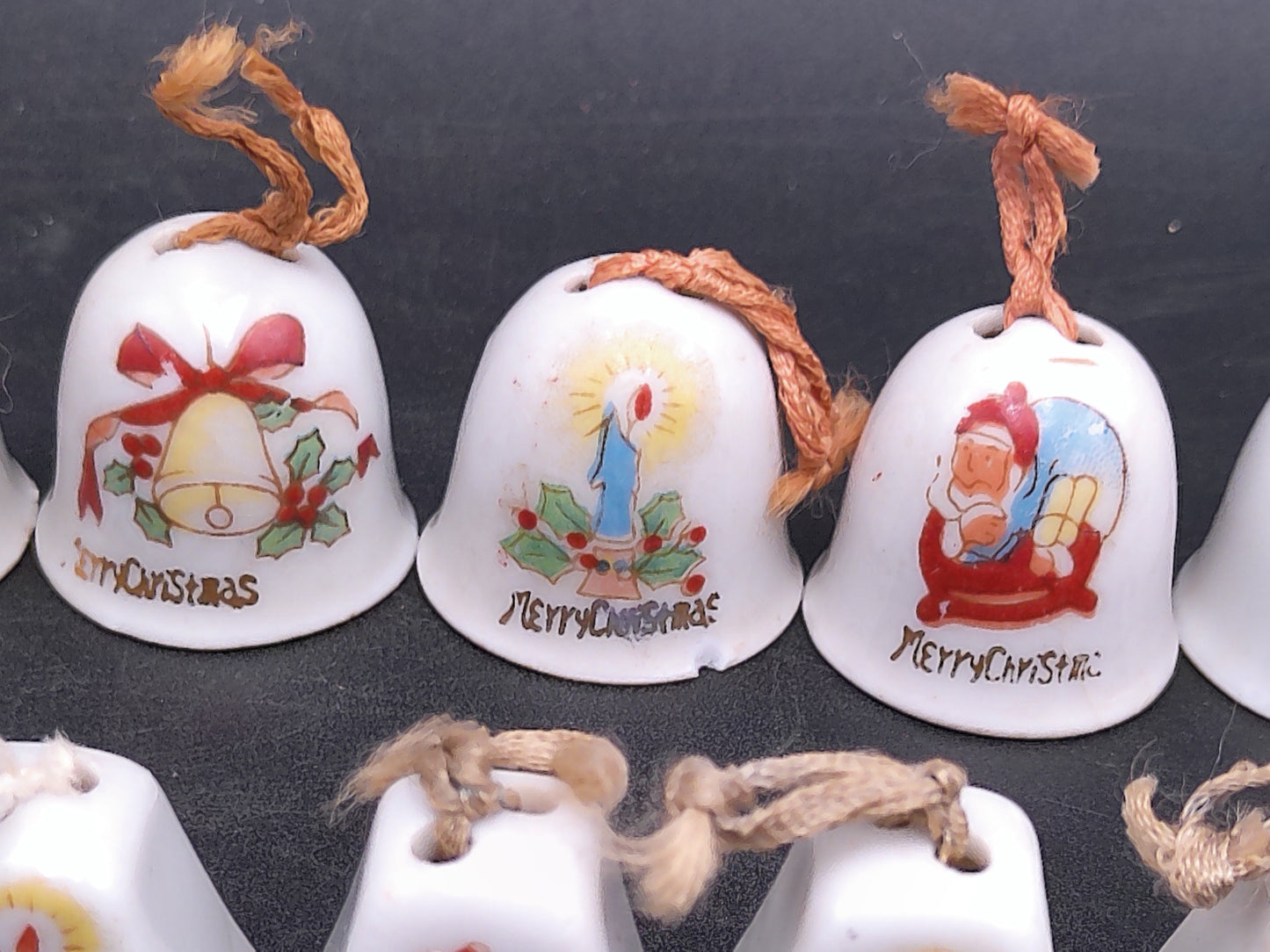 Tiny Merry Christmas Ornaments Bells with Rope for hanging on Tree Vintage