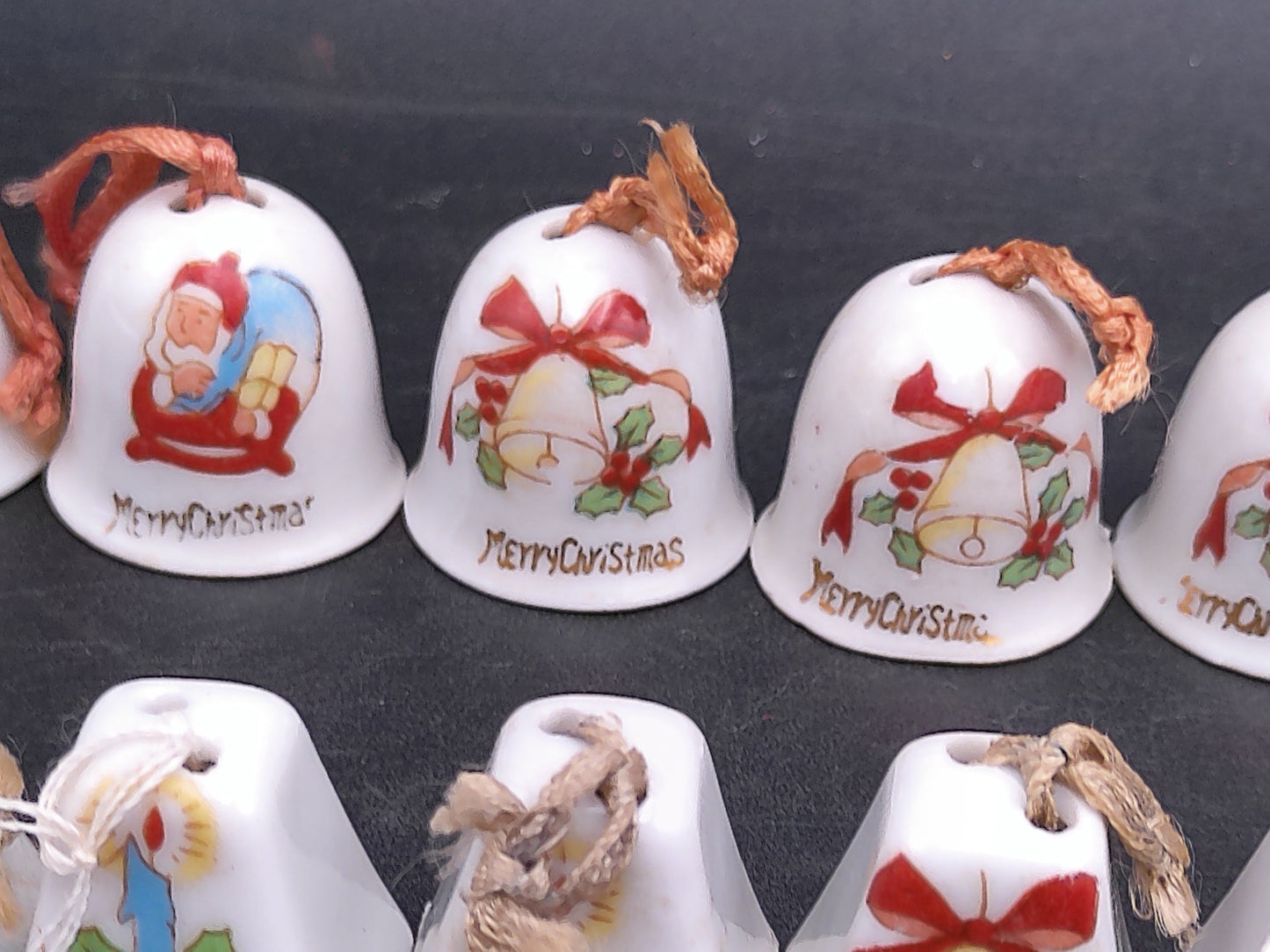 Tiny Merry Christmas Ornaments Bells with Rope for hanging on Tree Vintage