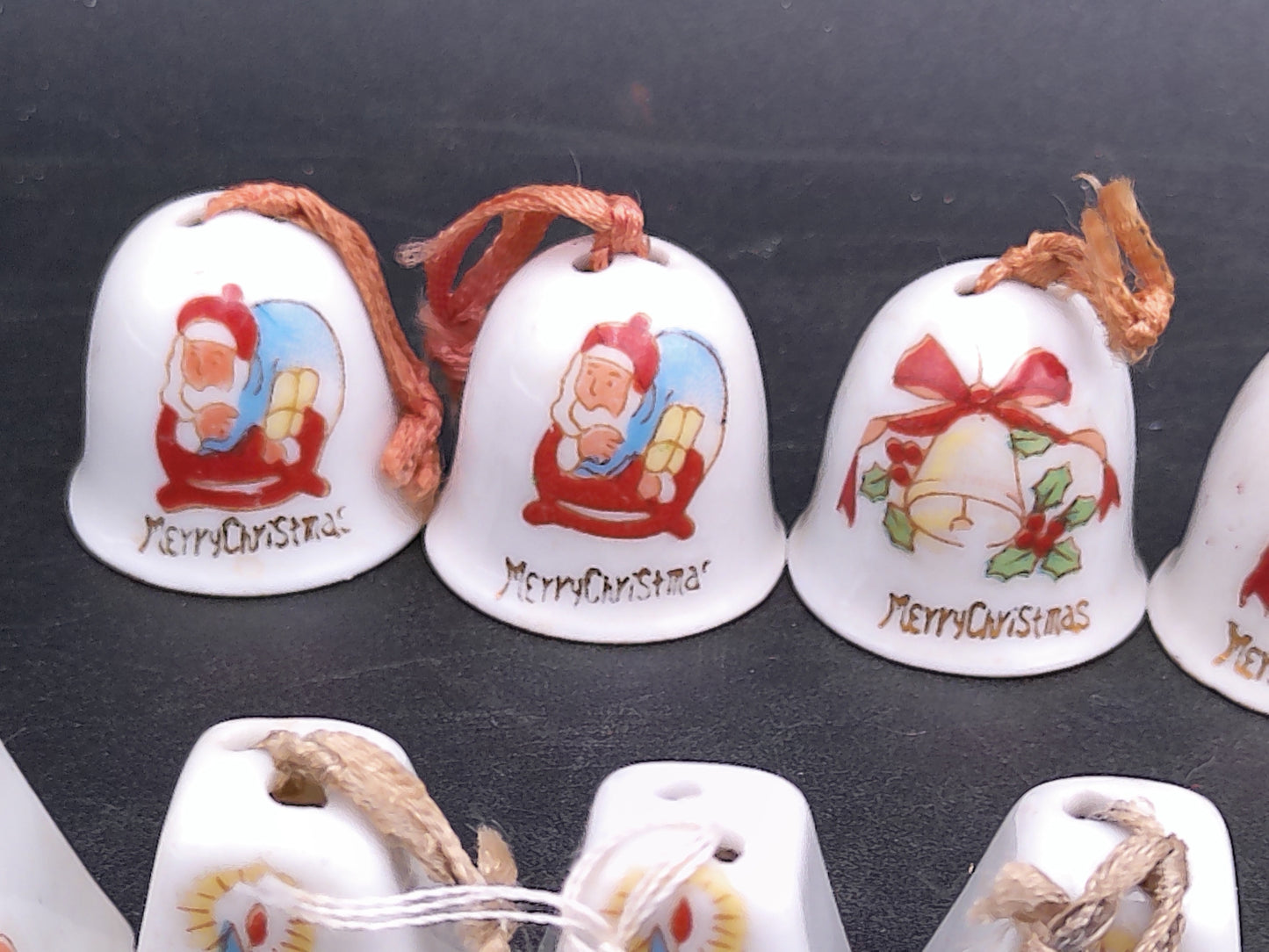Tiny Merry Christmas Ornaments Bells with Rope for hanging on Tree Vintage