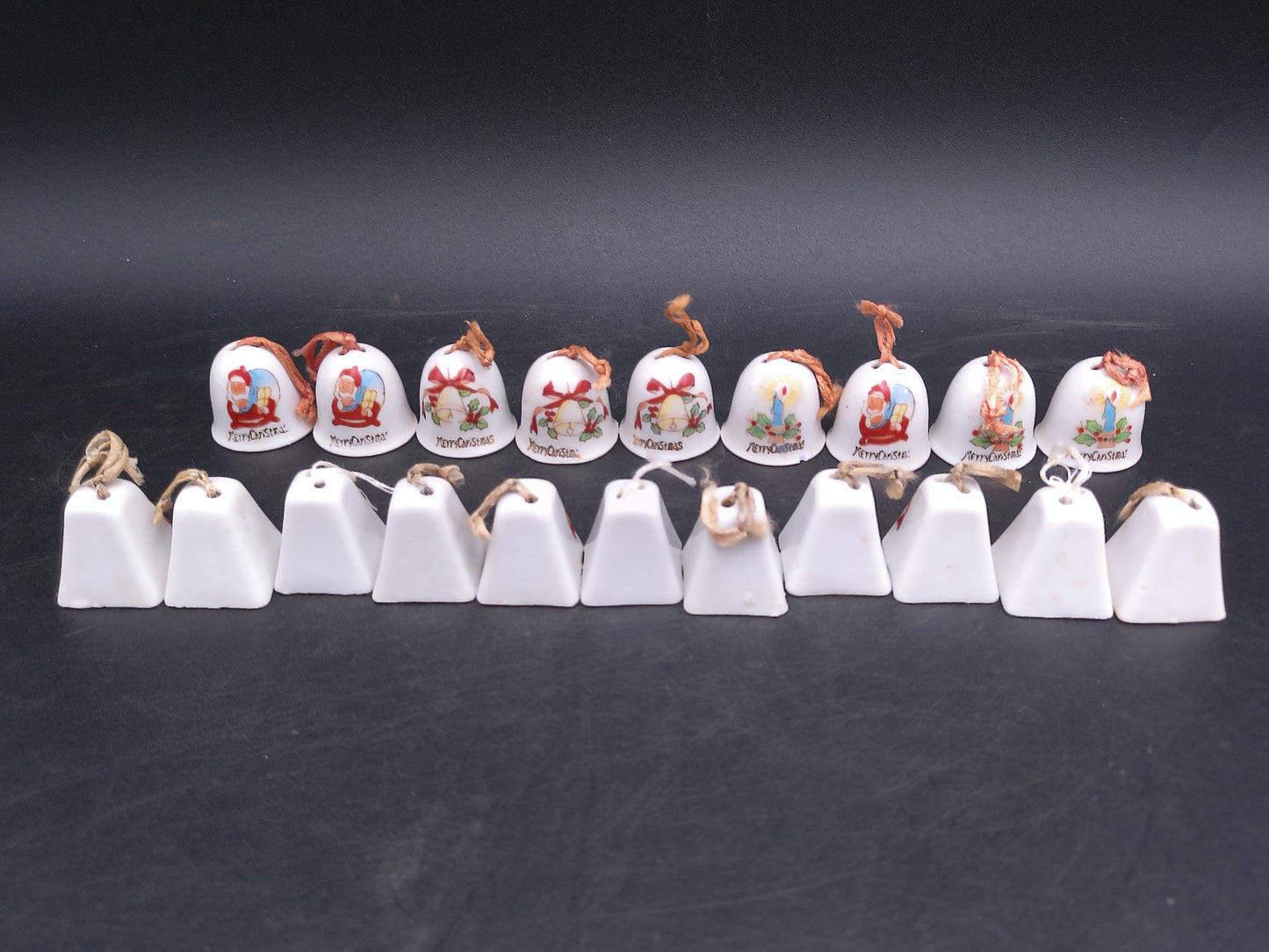 Tiny Merry Christmas Ornaments Bells with Rope for hanging on Tree Vintage
