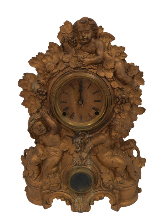 American gilt Cast Iron and Wood Figural Mantel Clock Antique