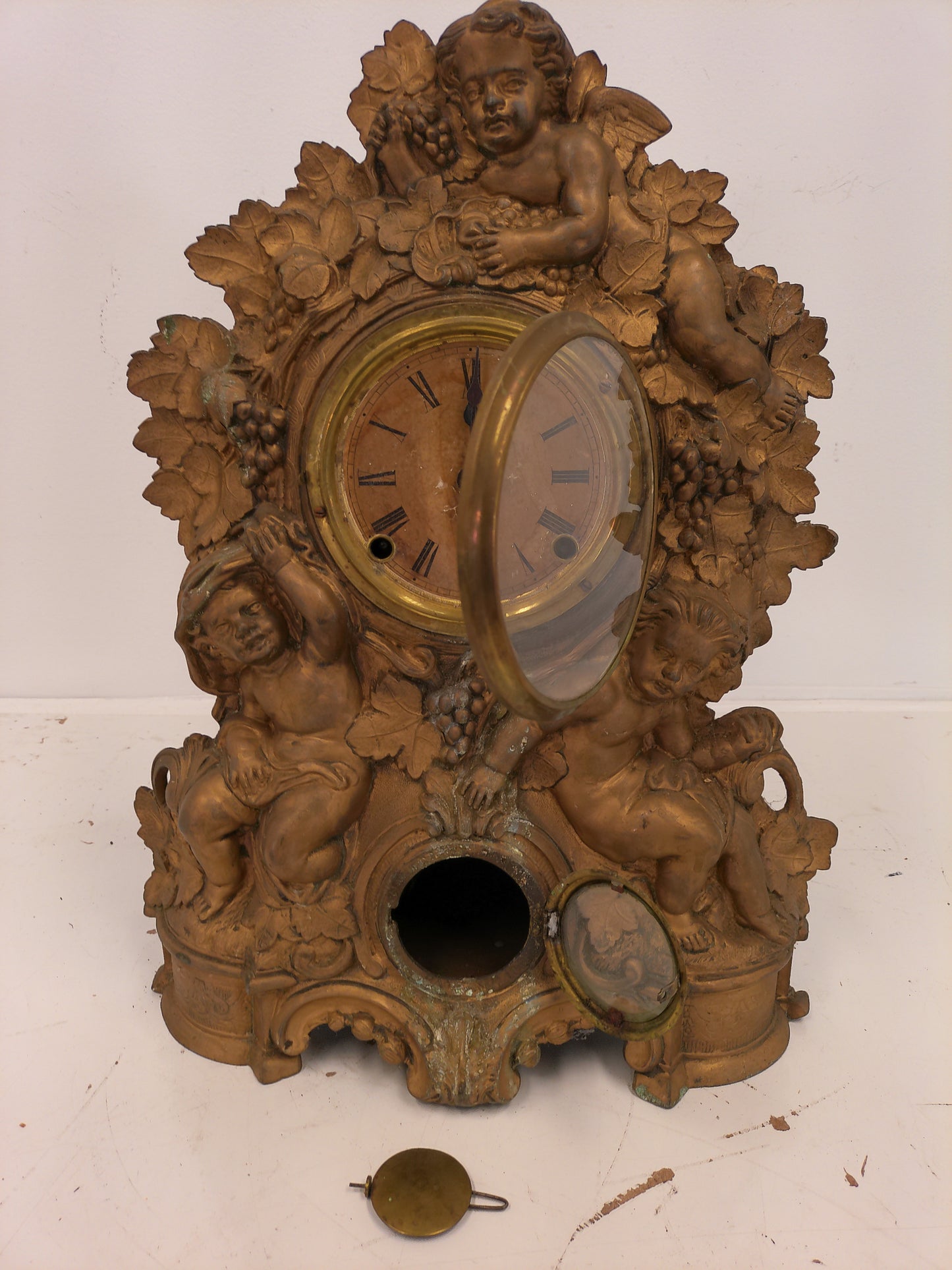 American gilt Cast Iron and Wood Figural Mantel Clock Antique
