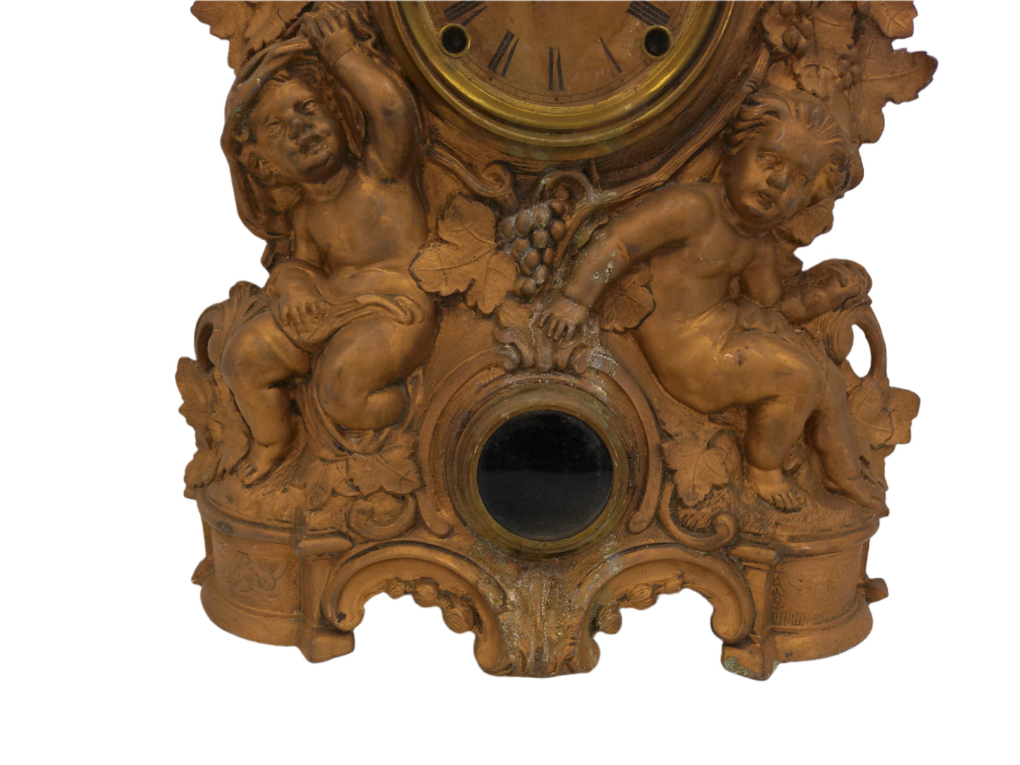 American gilt Cast Iron and Wood Figural Mantel Clock Antique