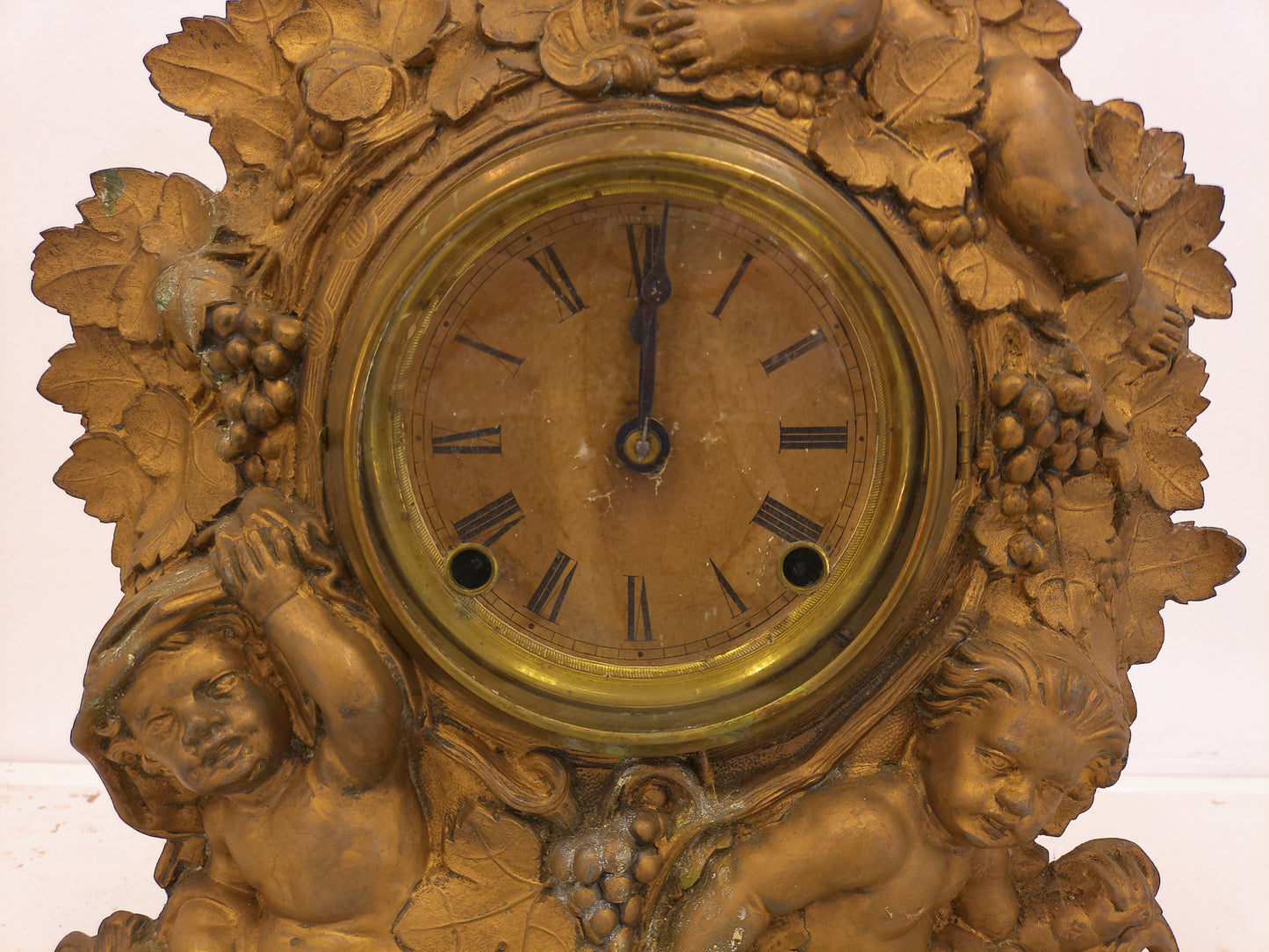 American gilt Cast Iron and Wood Figural Mantel Clock Antique